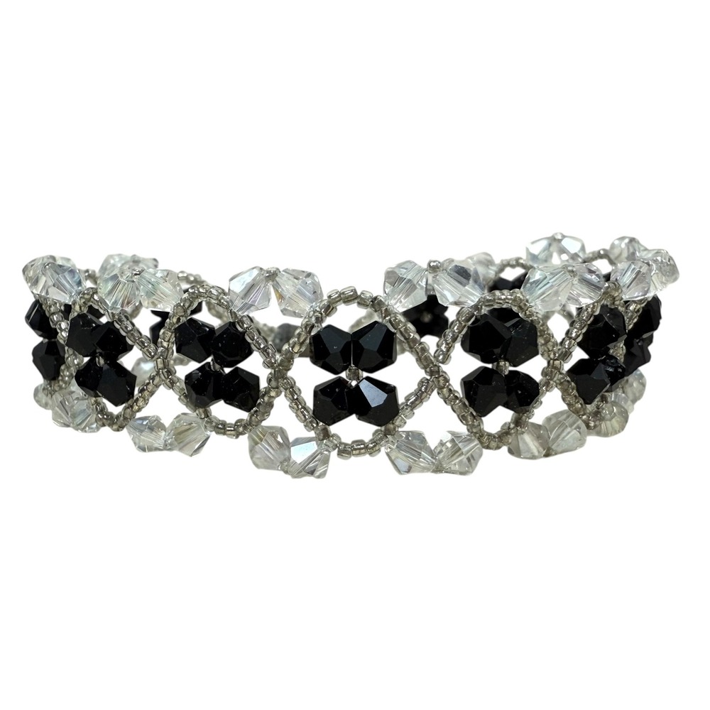 Glass Faceted Beaded Bracelet Black White Crystal Silver Tone Magnetic Clasp 7.5